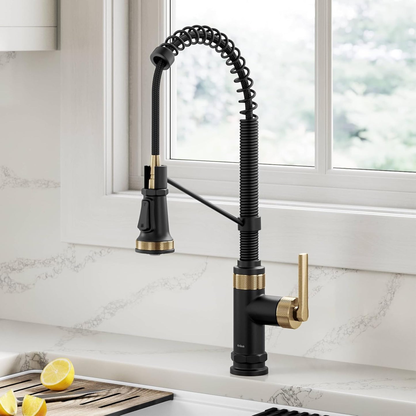 KRAUS Allyn Commercial Style 2-Function Single Handle Pull Down Kitchen Faucet in Spot-Free Brushed Brass/Matte Black, KPF-4110BBMB