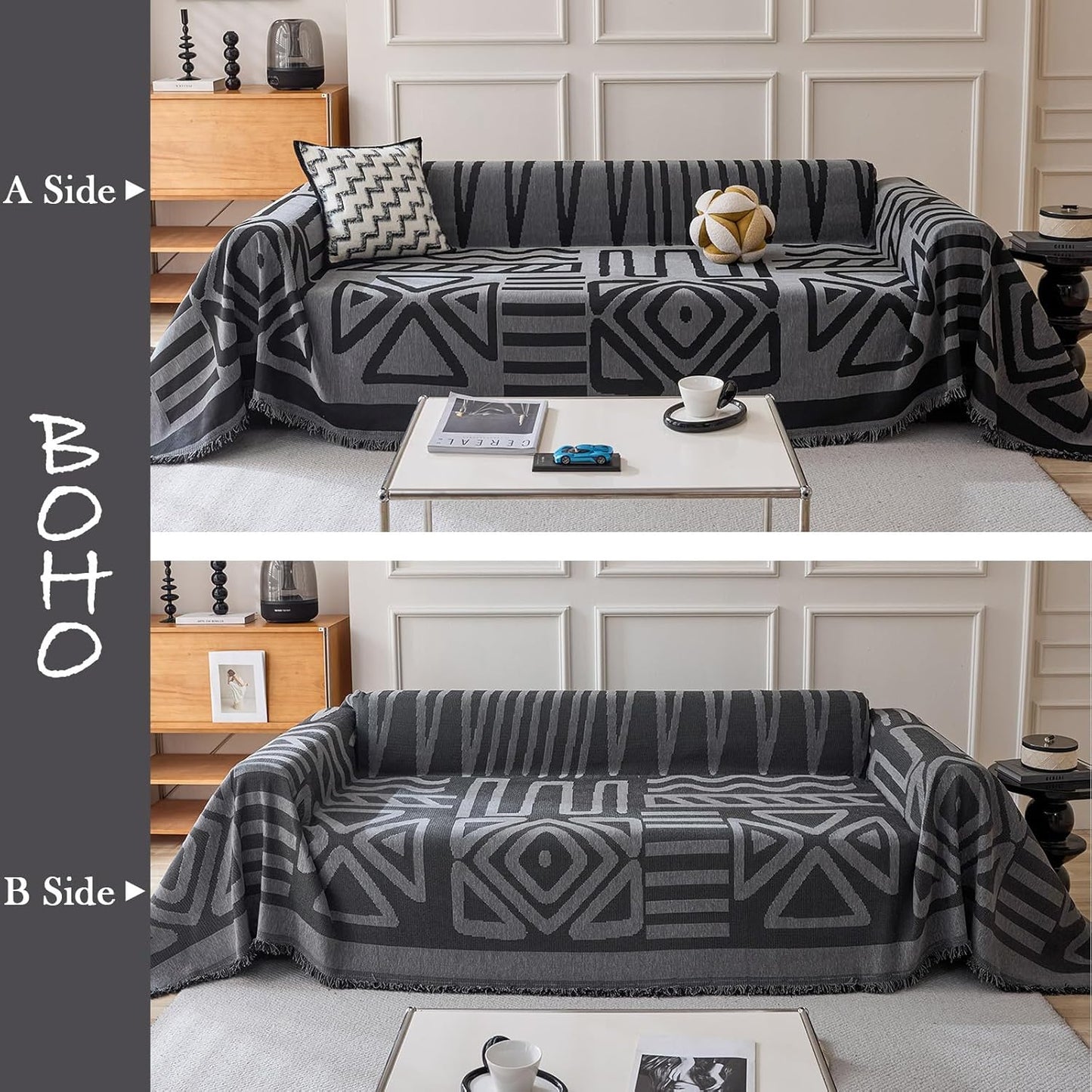 HANDONTIME Boho Geometric Couch Covers for Sofa Pet Friendly Dark Grey and Black Sofa Covers Washable Chenille Couch Blanket Cover for 3 Cushion Couches Pet Protector Furniture Cover Soft, 71" X 134"