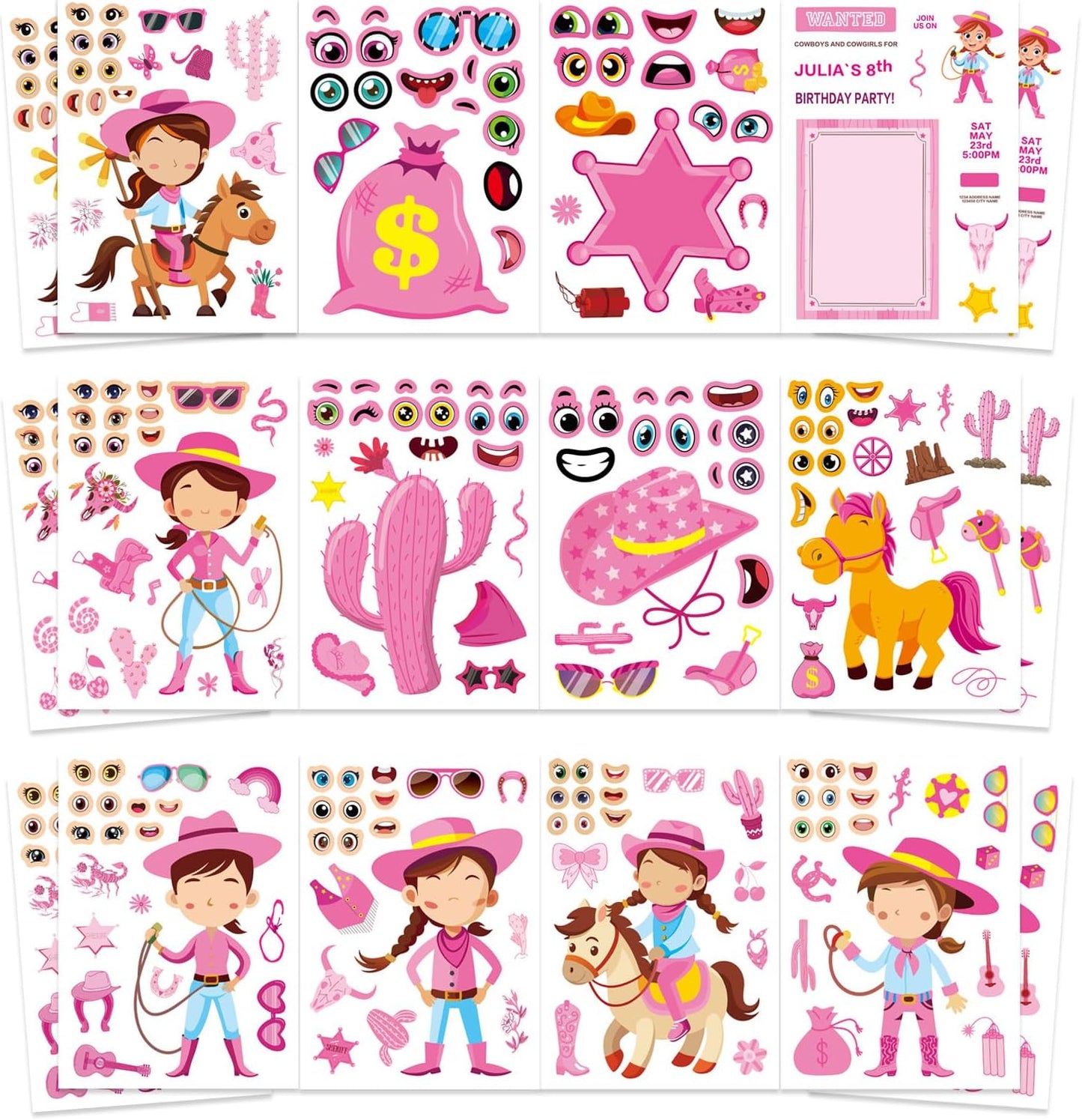 24 Sheets Cowboy Cowgirl Stickers for Kids, Country Western Cowgirl Make a Face Sticker, Make Your Own Stickers Sheets, Pink Cool Theme Art Craft Supplies
