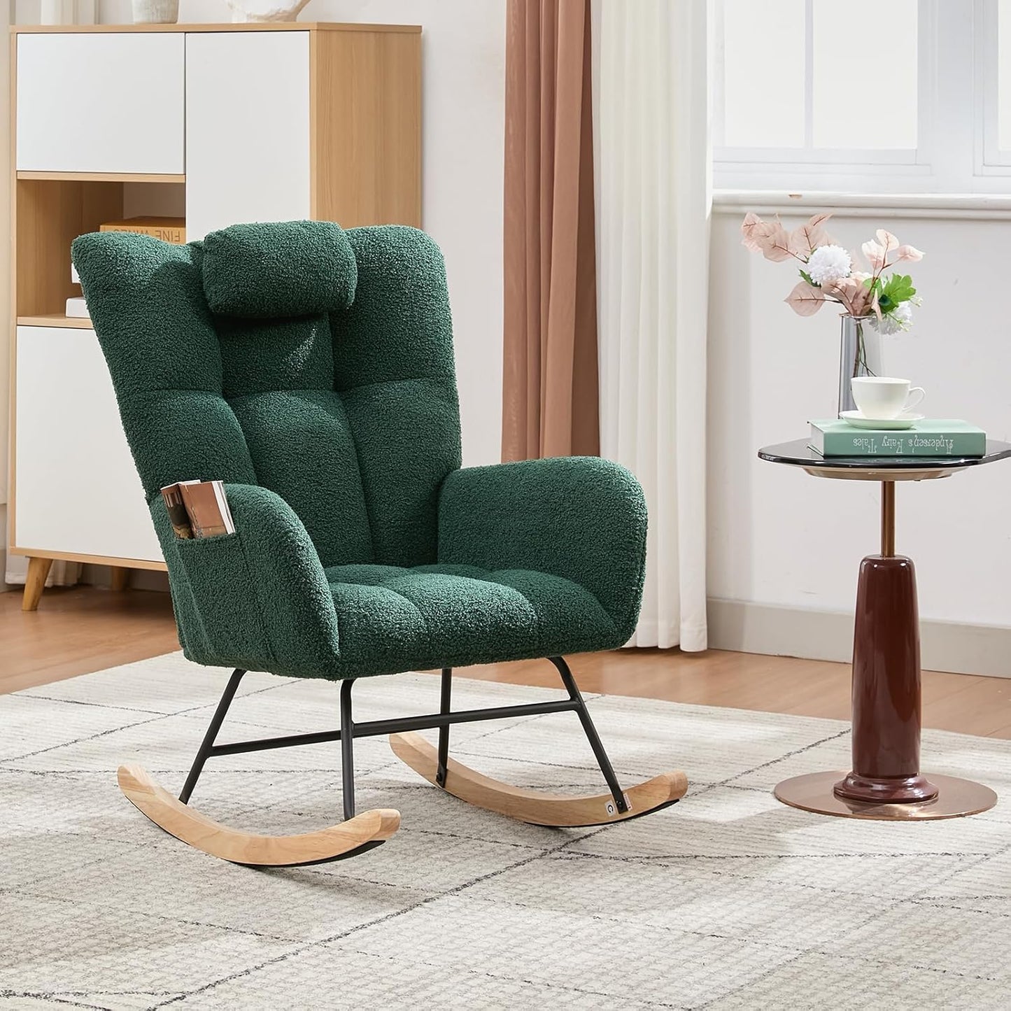 Nursery Rocking Chair,300Lb Glider Chair with Wood Legs/Two Side Pockets,Teddy Upholstered Glider Rocker with Padded Seat High Backrest for Living Room/Bedroom/Nursery