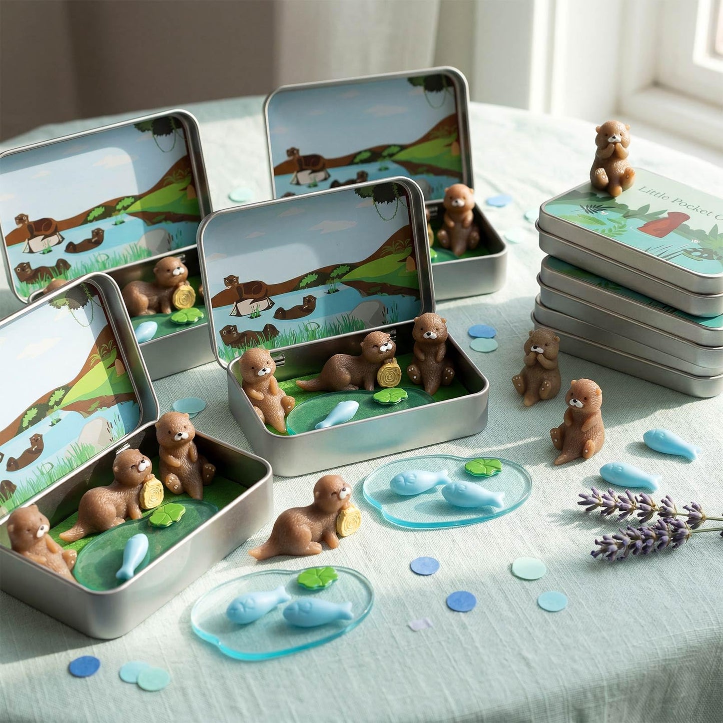 Lewtemi 6 Set Pocket Otter DIY Miniature Landscape Kit 3 Cute Otter Figurines Portable Tin Box Travel Companion Ideal Gift for Animals Lovers Friends Coworkers Nature Fans Desk Decor