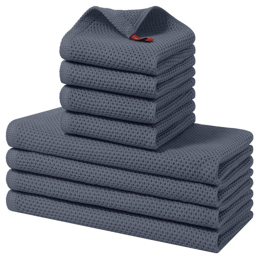 Homaxy 100% Cotton Kitchen Towels and Dishcloths Set, 12 x 12 Inches and 13 x 28 Inches, Set of 8 Bulk Kitchen Towels Set, Ultra Soft Absorbent Dish Cloths for Washing Dishes, Dark Grey