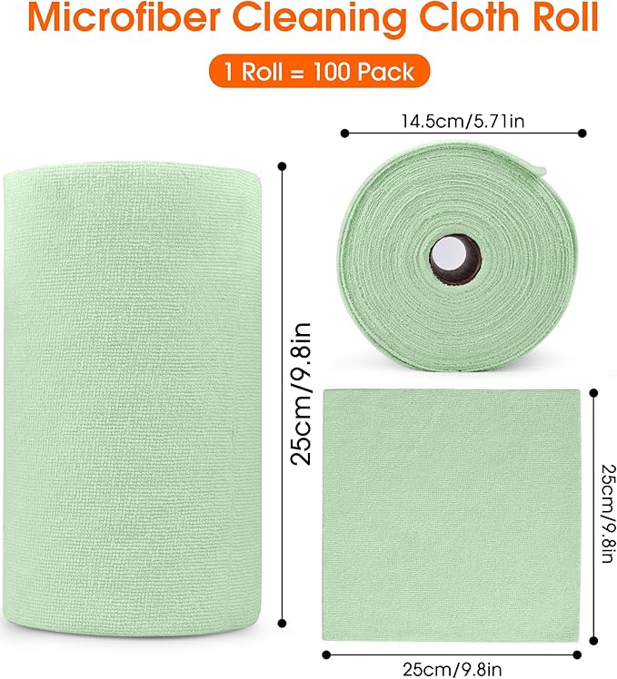 Microfiber Cleaning Cloth Roll–100 Pack, Tear Away Microfiber Towels, Reusable, Washable, Scratch-Free, Kitchen Towels for Car, Home, Kitchen, Glass, Dishes(Bean Green)