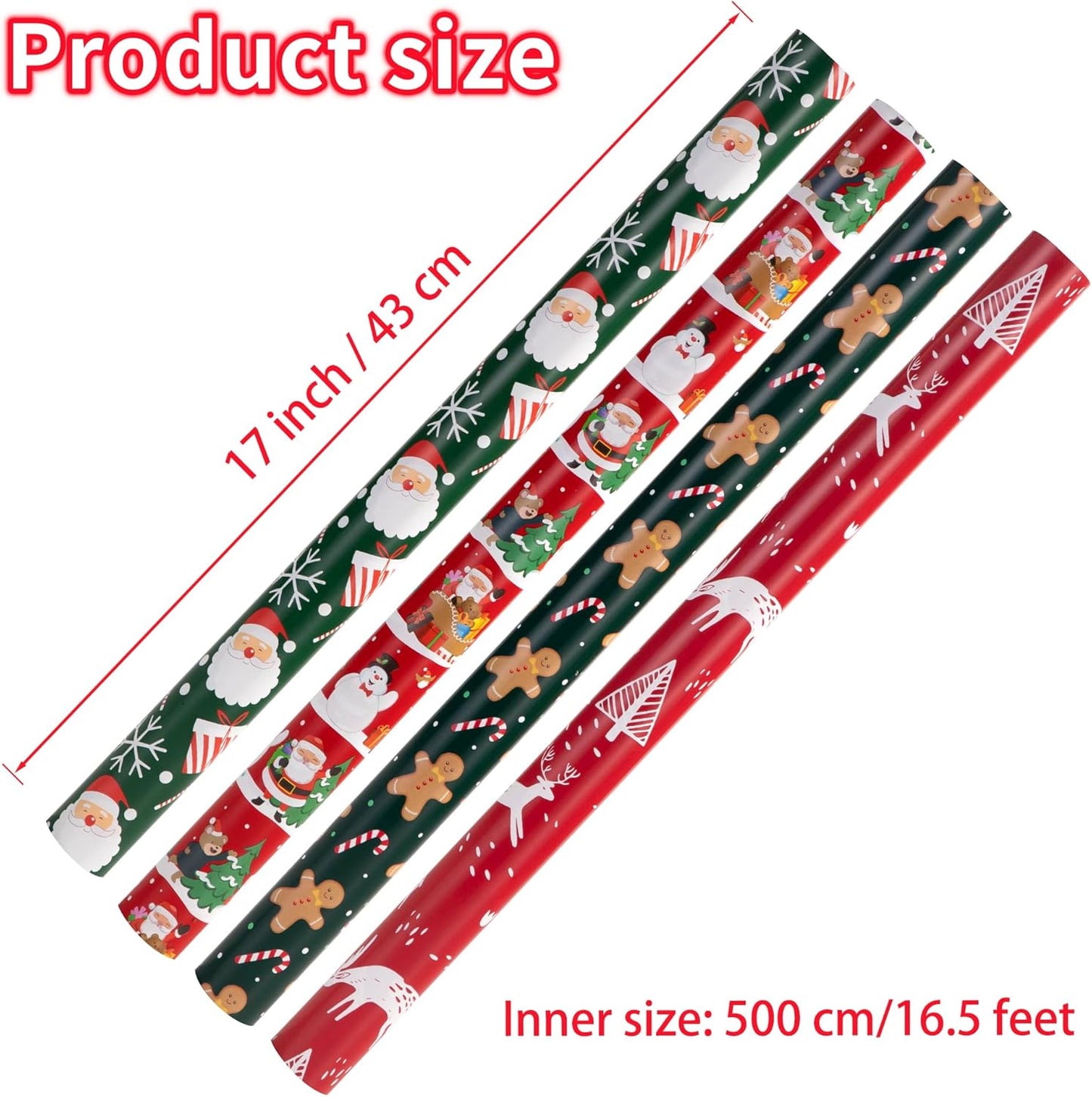 Christmas Wrapping Paper for Gifts (4 Rolls: 93 sq. ft. ttl) Funny Candy Cane Santas, Reindeer, Christmas Tree, Snowflakes - 17 inches x 16.5 feet Per Roll