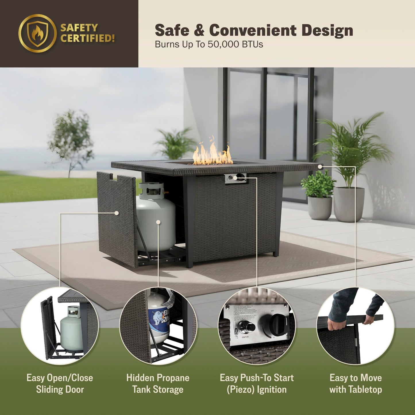 Kinger Home Ethan Rattan 42-Inch Propane Gas Fire Pit Table, Outdoor Patio Firepit, 50,000 BTU, Includes Wind Guard & Fire Glass