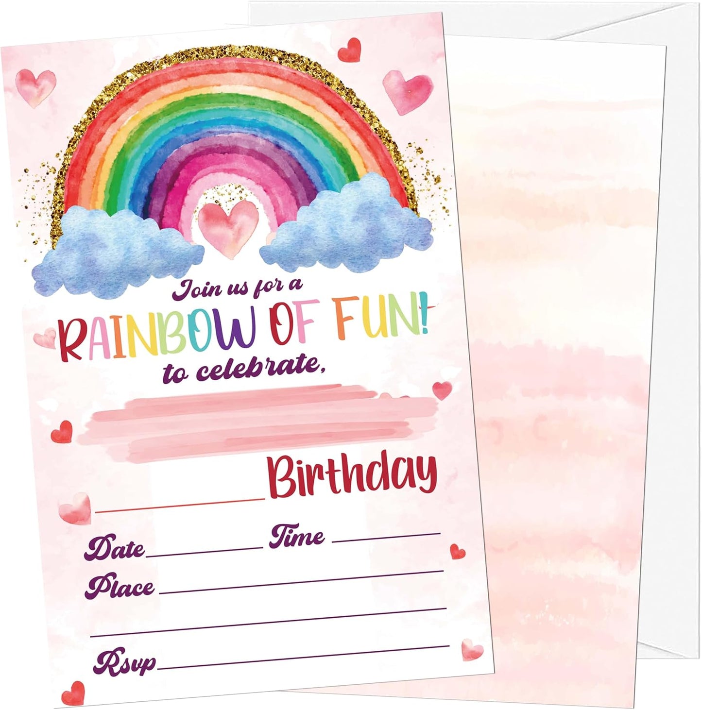Rainbow Birthday Invitations, 20 Invitation Cards with Envelopes, Colorful Clouds Invites for Girl Party Decorations Favor Supplies - A09