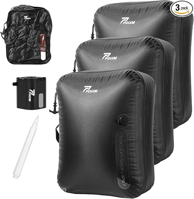 Vacuum Bags for Travel with Wireless Pump, 180° Open Zipper, IP67 Waterproof, Reusable Space Saver Compression Bags for Backpack, Suitcase, Home Storage(3 Pack + Pump)