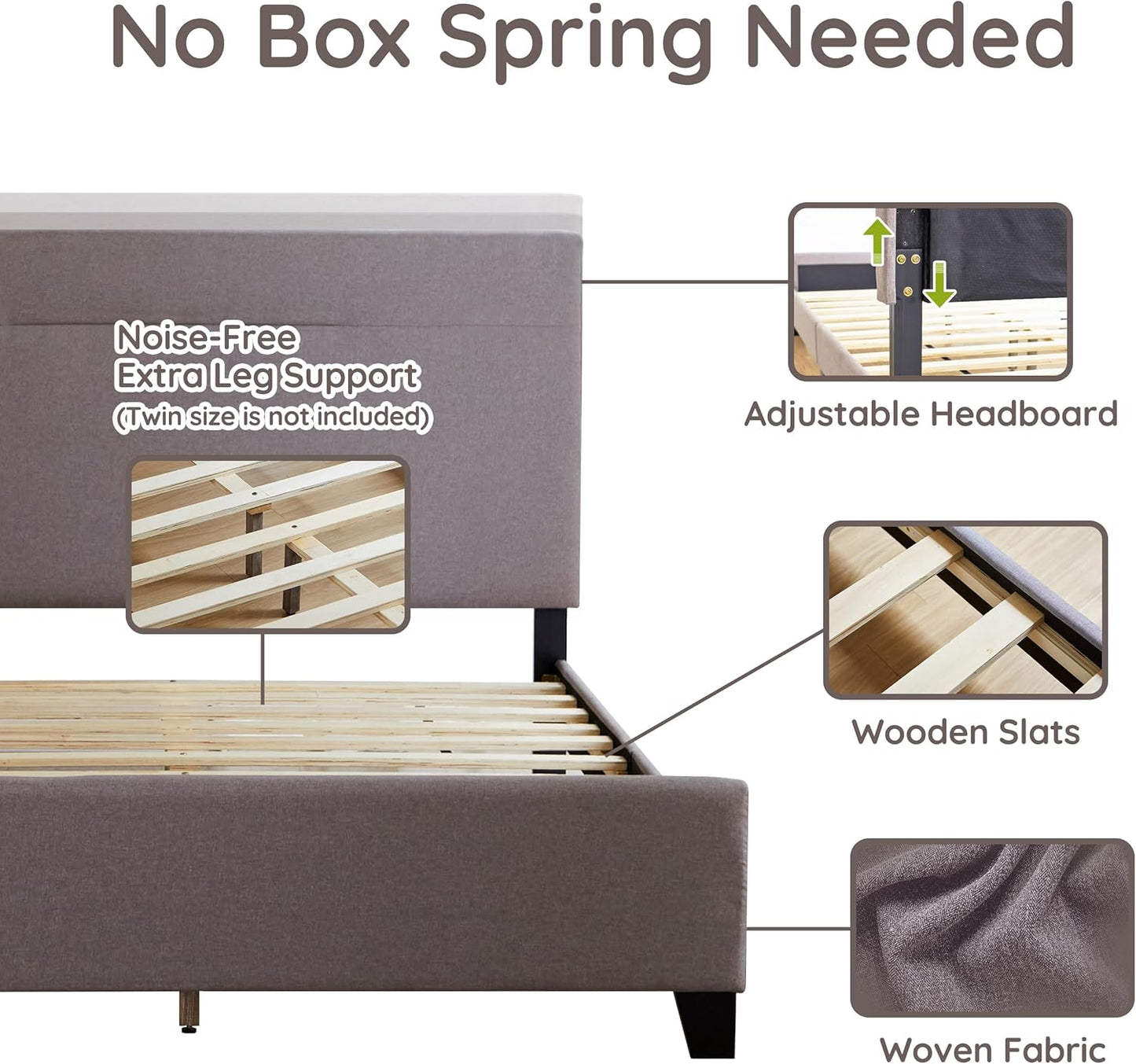 Livinia Amelia Queen Size Platform Bed, Fabric Upholstered Queen Bed Frame with Height Adjustable Headboard Footboard, Strong Wood Slats, No Box Spring Needed, Brown