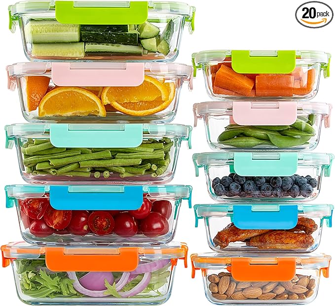 UMEIED 10 Pack Glass Food Storage Containers with Lids Leakproof, Airtight Glass Meal Prep Containers For Lunch, On The Go, Leftover, Dishwasher Safe