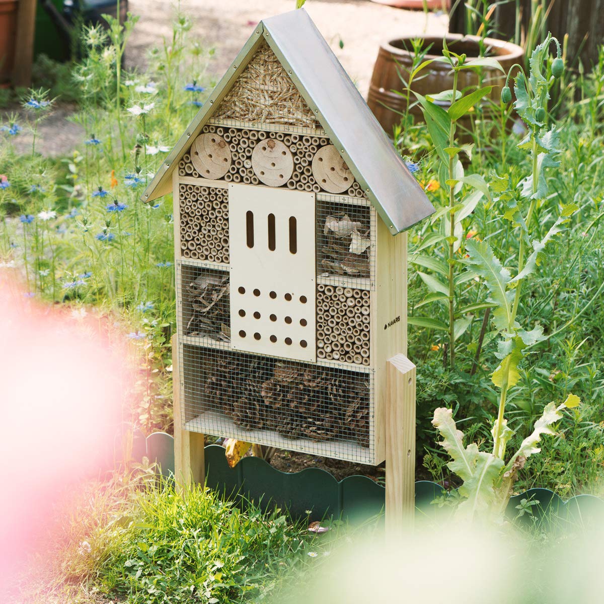 Navaris Insect House with Stakes - Extra Large Wooden Bug Hotel 22.4" H x 15" W - Bee, Butterfly, Ladybug Natural Nesting Habitat for Garden and Yard