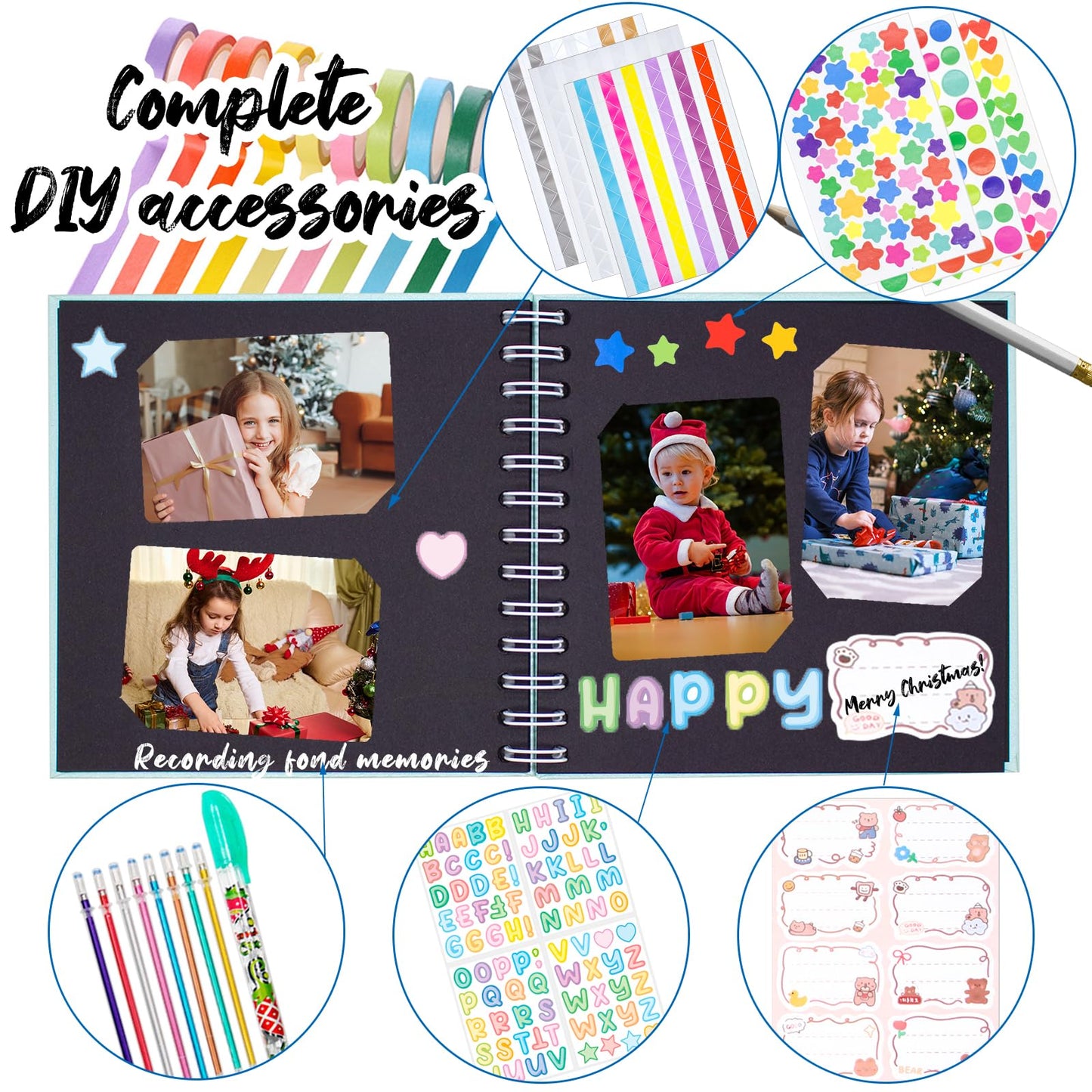 Kid Scrapbook Photo Album Hard Cover DIY Photo Album for Kids Instant Camera Print Paper with DIY Accessories (Blue)