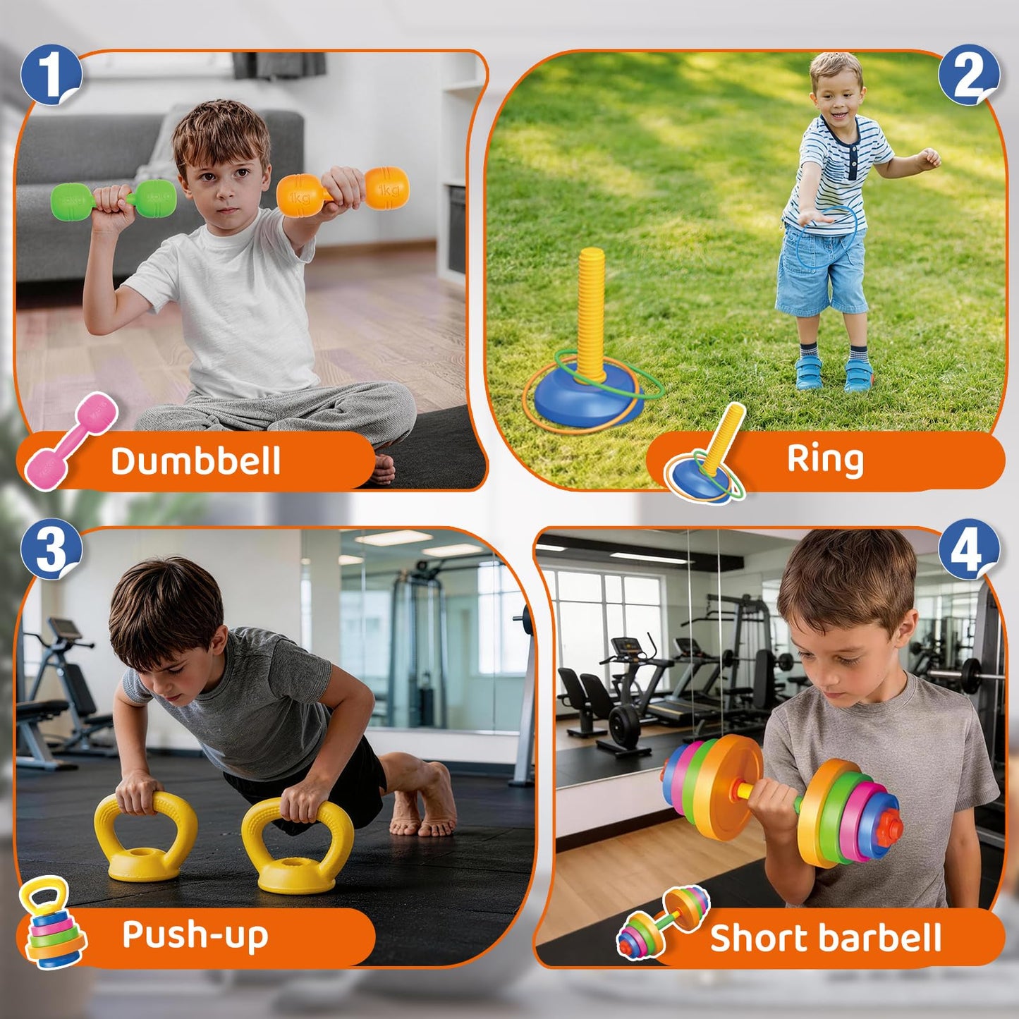 6-in-1 Kids Weight Set- Dumbbell, Barbell, Kettlebell, Ring. Adjustable Workout Equipment Toy for Children Pretend Kids Exercise Equipment, Toddler Weights Gym Workout Bench Set Gift for Baby Boy Girl
