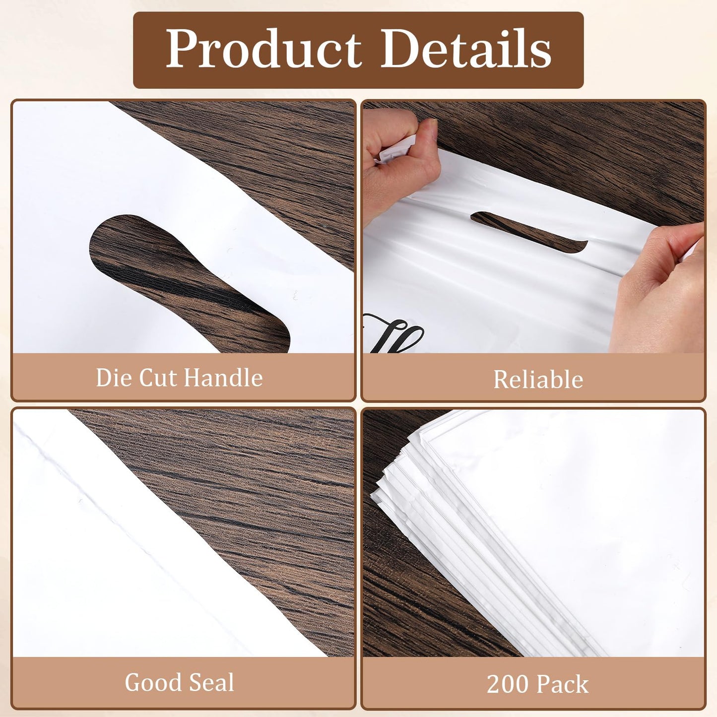 Giloaou 200 Pcs Thank You Merchandise Bags, 8.1” x 11.82” White Plastic Shopping Bags with Die Cut Handles, Premium Retail Gift Bag for Small Business, Boutique, Party Favors & Craft Packaging