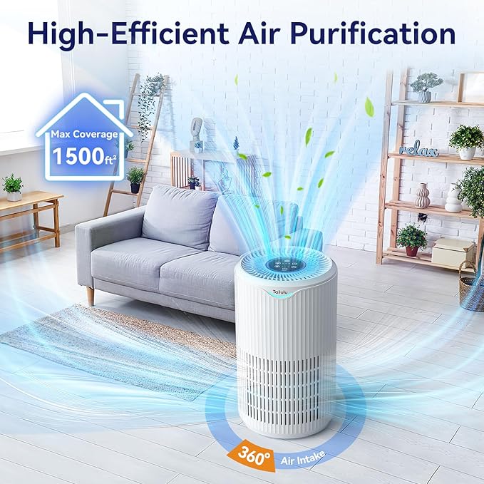 Air Purifiers for Home Large Room Up to 1500 Ft², Tailulu H13 HEPA Air Filter Cleaner, 360° Air Intake & Outlet,Smoke Dust Pollen,15dB Sleep Mode Air Purifiers for Bedroom Living Room, Kitchen, Office