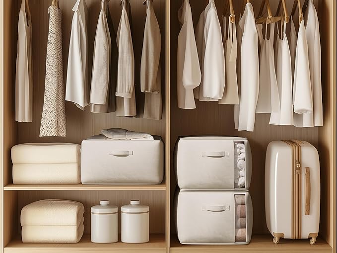 Large Canvas Clothes Storage Bags with Thick Handles and Clear Window, Foldable Cotton Linen Closet Organizer for Clothing, Blankets and Bedding, 70L, 2 Pack, Beige