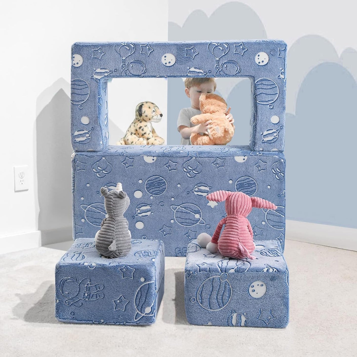 MeMoreCool Glow in The Dark Space Kids Modular Play Couch, Blue Fold-Out Foam Lounge Chair Sofa for Girls and Boys, Bedroom and Playroom