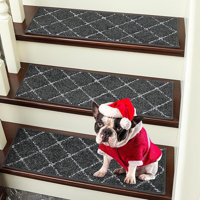 BEQHAUSE Stair Treads for Wooden Steps Non Slip Machine Washable Stair Runner Soft Polyester Stair Rugs 28inX9in for Elders,Kids and Dogs with Self-Adhesive Backing 15pcs,Dark Grey