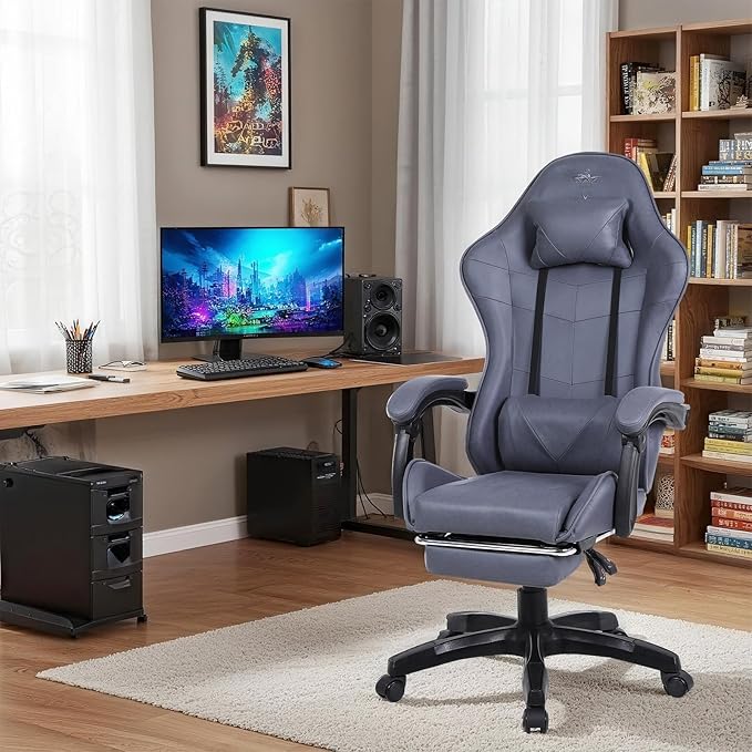 High-Back PC Gaming Chair Office Chair, Desk Task Chair Computer Racing Chair, PU Ergonomic Executive Swivel Rolling Chair with Lumbar Support for Women, Men (Grey)