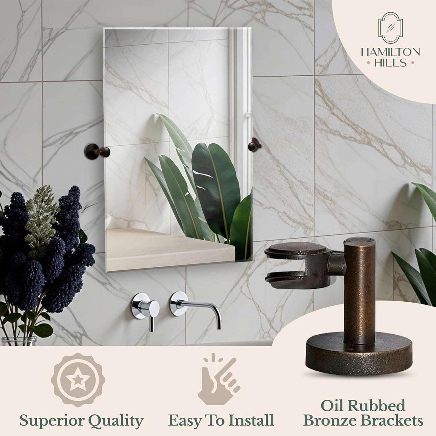 Hamilton Hills 30x40 inch Frameless Pivot Mirrors for Bathrooms with Oil Rubbed Bronze Rounded Wall Brackets - Rectangular Tilting and Farmhouse Wall-Mounted Vanity - Hangs Horizontally and Vertically