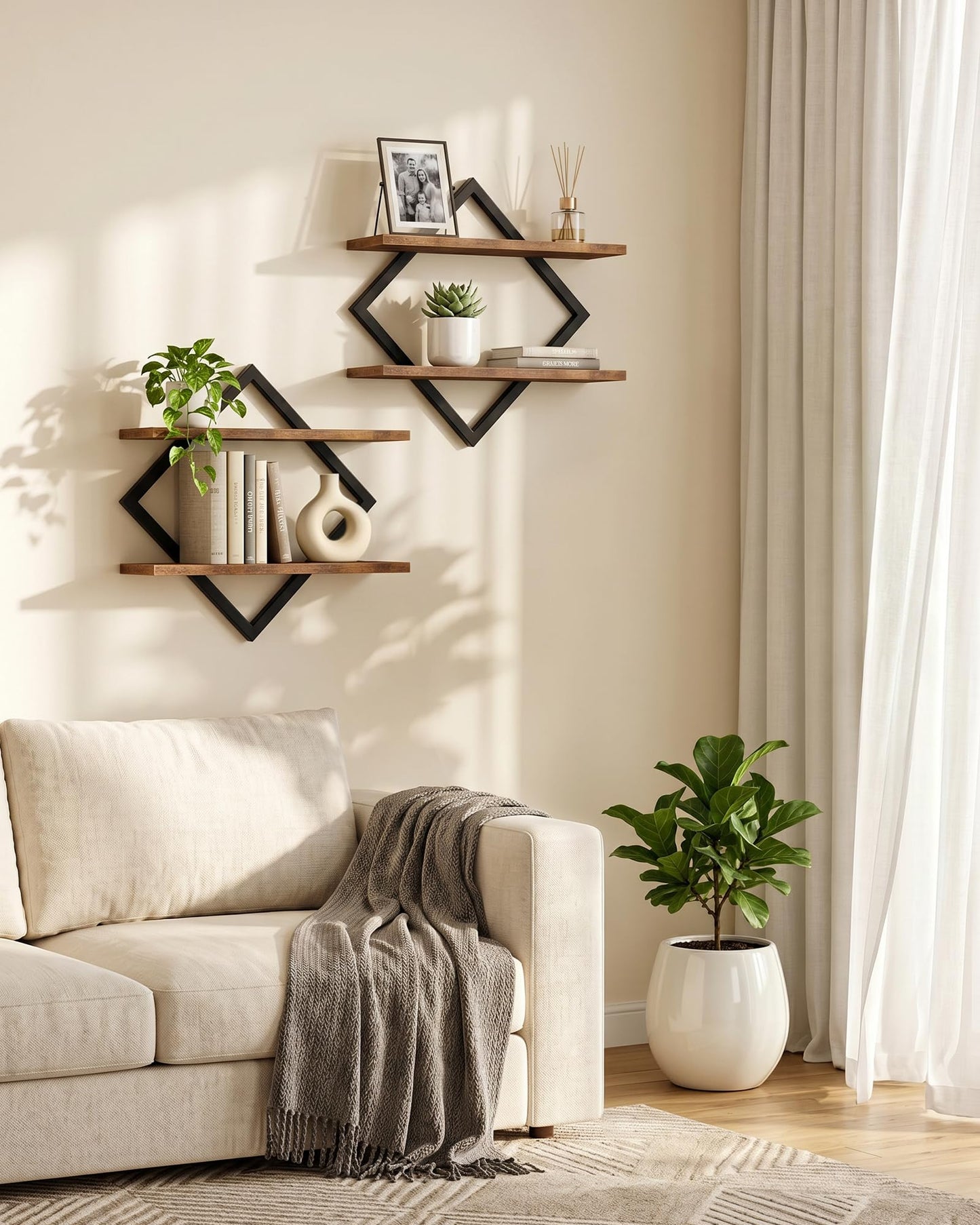 CHOEZON Floating Shelves, Set of 2 Wall Shelves, 2-Tier Hanging Shelves, Wall Shelf Set of 2, Wall Mounted Shelves, for Living Room, Bedroom, Kitchen, Office, Study, Rustic Brown TBJ01P2BF