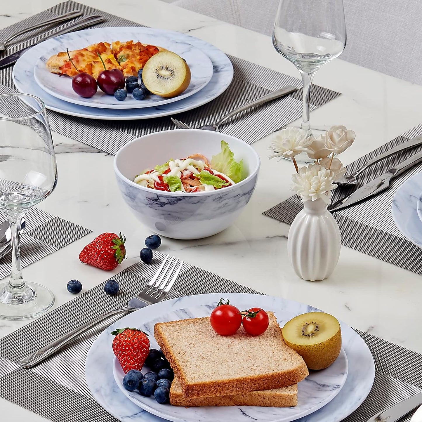 TP 12-Piece Dinnerware Set, Melamine Dishes Set with Bowls and Plates, Non-breakable and Lightweight Dinner Service for 4, Marble Pattern