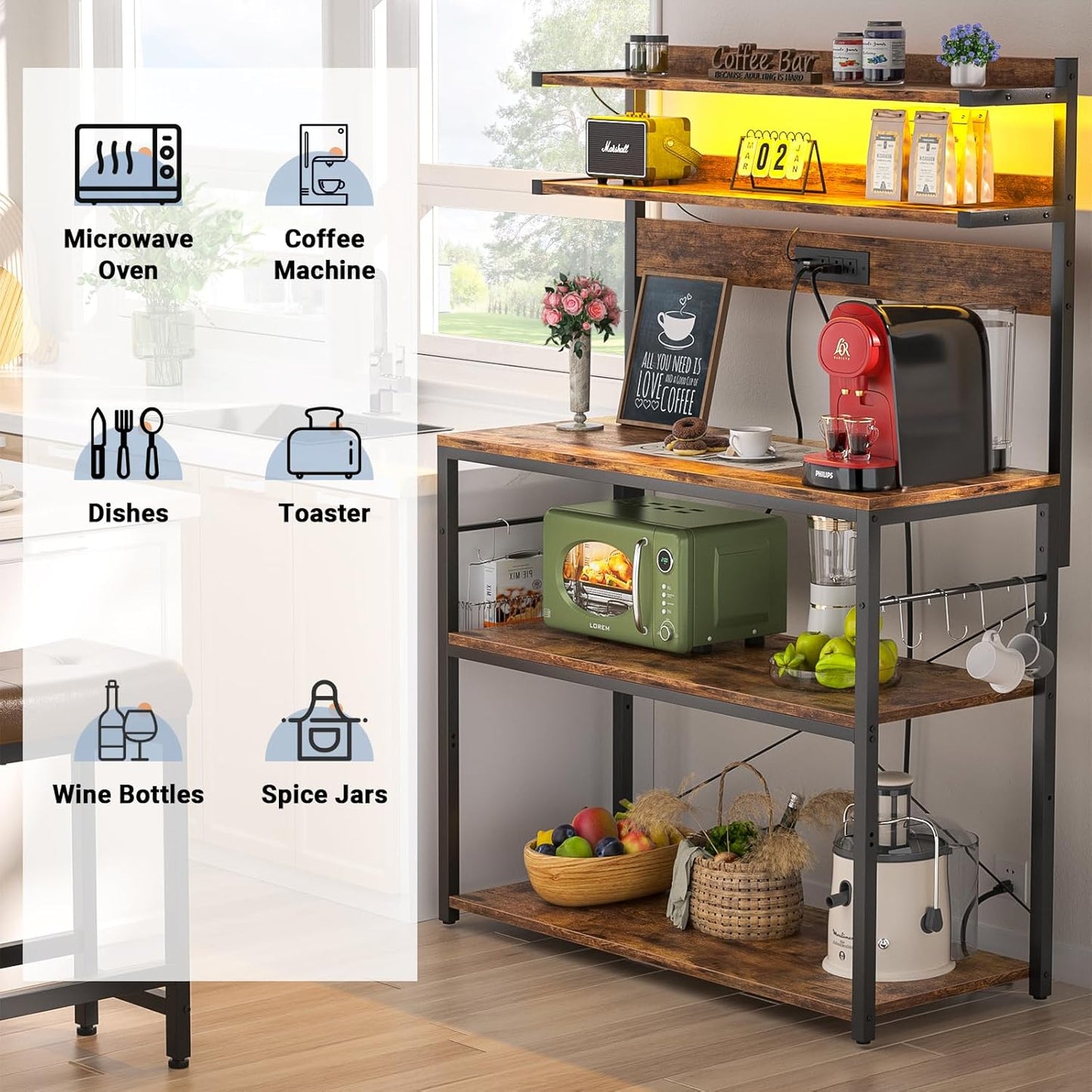 Aheaplus Bakers Rack with Power Outlet, Microwave Stand, 5 Tiers Coffee Bar Station with Led Lights, Kitchen Storage Shelf with 6 S-Shaped Hooks, Kitchen Rack Coffee Bar Stand, Rustic Brown
