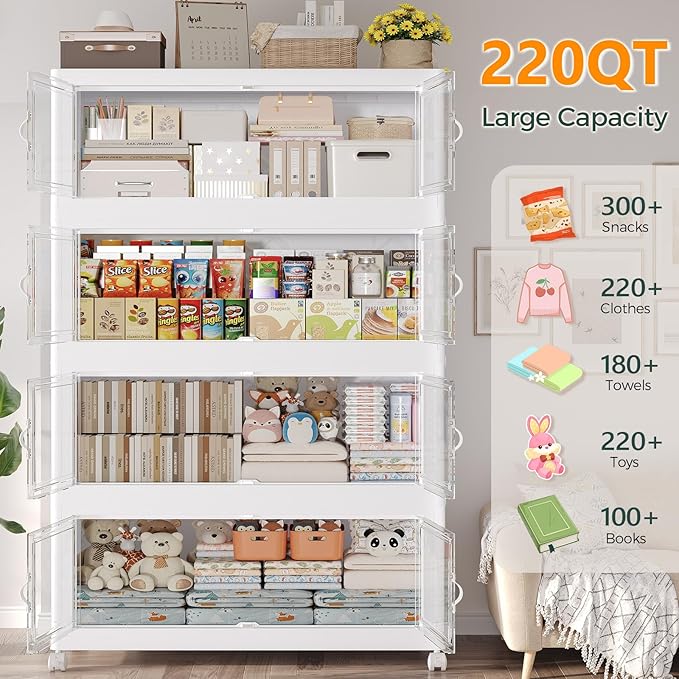 660QT Extra Large Stackable Storage Bins with Lid, 165Gal Collapsible Closet Organizer Box with Wheels, Folding Plastic Storage Cabinet with Doors for Home Kitchen Office Dorm, 3Pack White