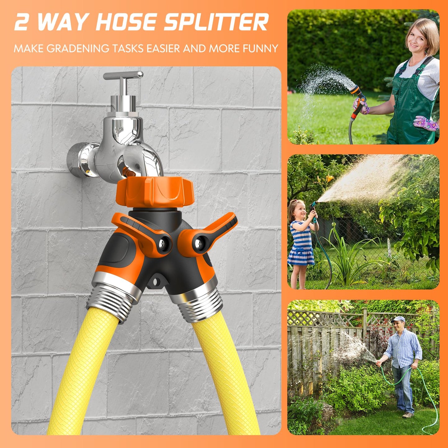 2 Way Garden Hose Splitter with Shut Off Valve,Water Spigot Splitter for 3/4" Hose Connector,Heavy Duty Metal Outdoor Faucet Splitter Y Connector for Hose,with 3 Leakproof Washers & 1 tape(2, Orange)