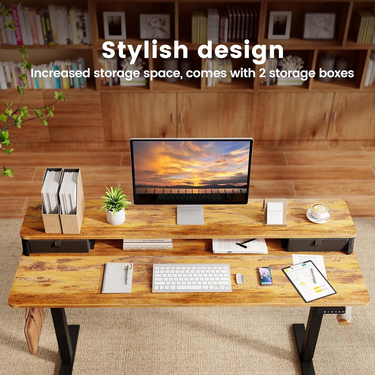 Standing Desk With Drawers and Brushless Motor,Electric Height Adjustable desk for Walking Pad,Ergonomic Stand Up Desk for Home Office & Gaming,3 Memory Height Preset & Hooks(48" x 24",Rustic Brown)