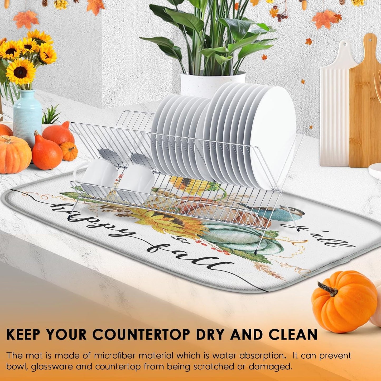 Sanwarm Absorbent Dish Drying Mat, Happy Fall Pumpkin Microfiber Pad for Kitchen Counter, Autumn Thanksgiving Fruit for Coffee Bar Decor, Heat Resistant and Reversible, 18" x 24"