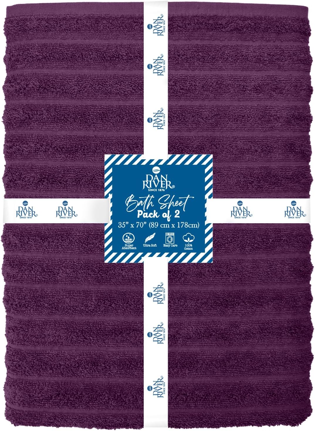 Dan River Pack of 2 Bath Sheet 35x70 Inches, Oversized Ribbed Quick Dry Towel, Soft Luxury Towels for Bathroom - Purple Passion
