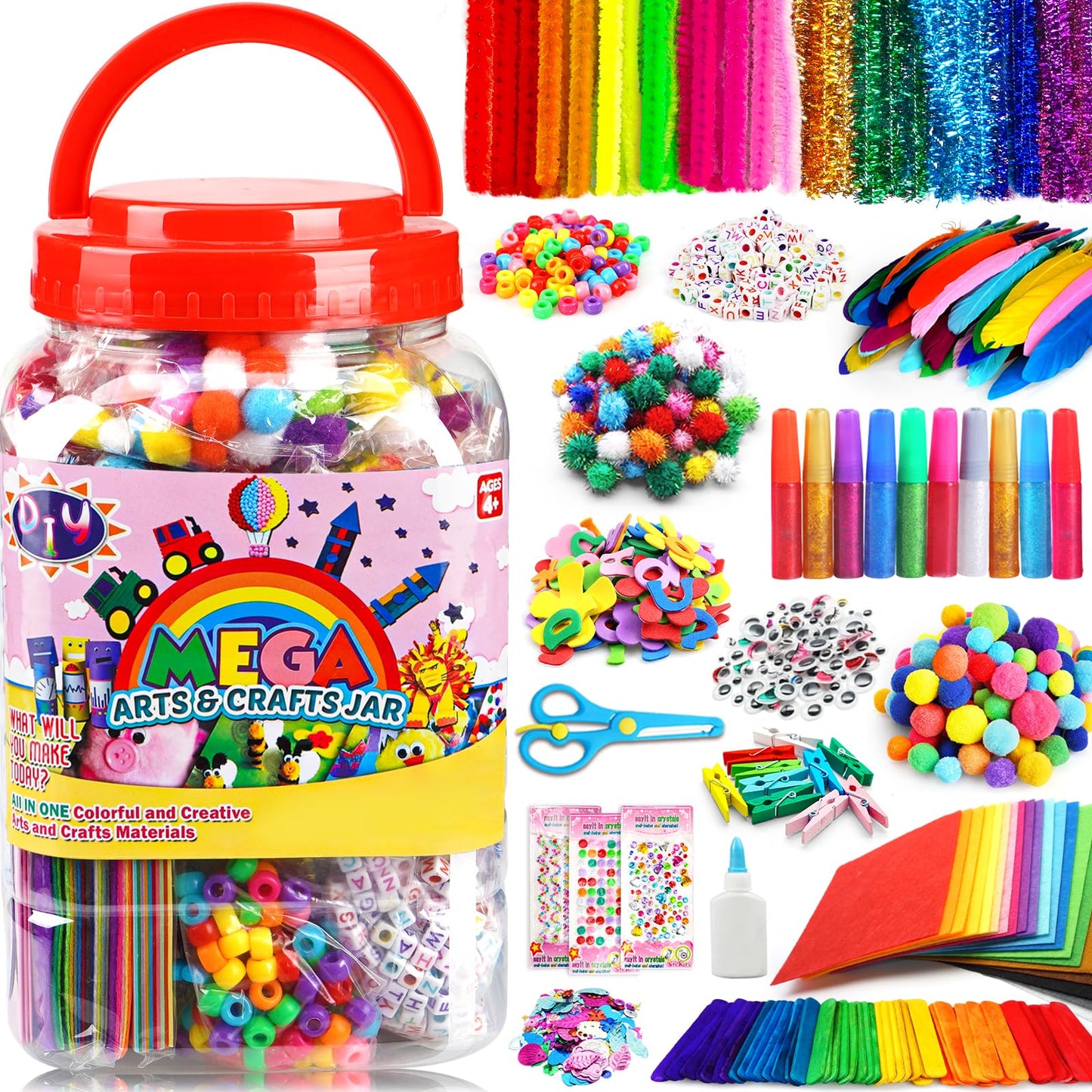 FUNZBO Arts and Crafts Supplies for Kids -Toddlers Craft Kit with Glitter Glue Stick, Pipe Cleaners, Popsicle Sticks, Pompoms & Stickers, Homeschool Supplies, Toys Crafts for Girls Age 4+