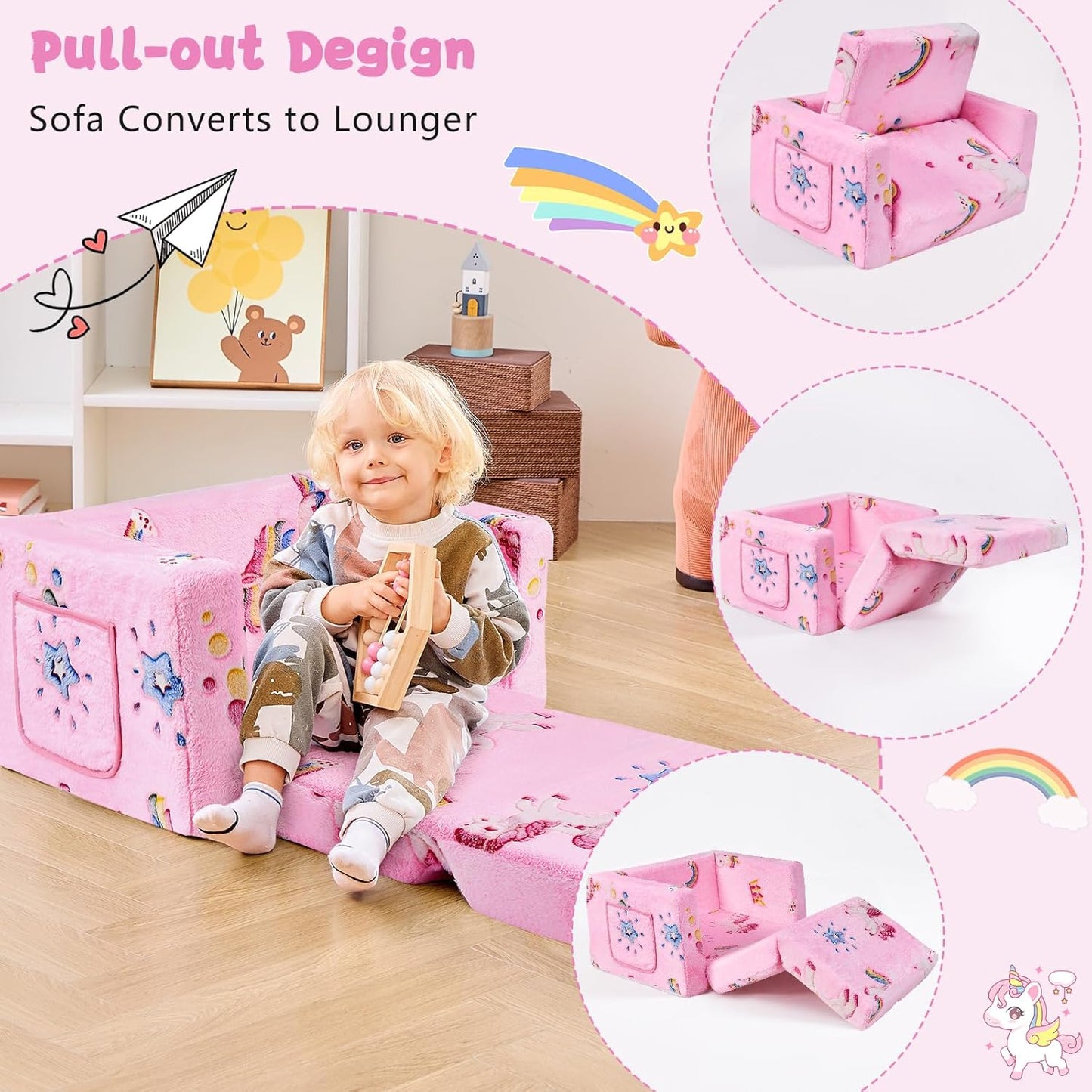 Toddler Couch,Toddler Chair,Kids Chair 2-in-1 Baby Seat Furniture Fold Out, Convertible Sofa to Lounger Comfy Glow in The Dark Sofa Bed,Gifts for Kids Girl Boys,Unicorns Rainbow,Medium