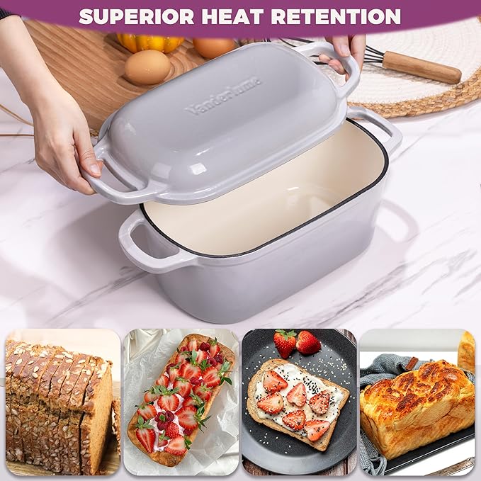 4.6-Quart Oval Dutch Oven for Bread Baking, 2 in 1 Enameled Cast Iron Bread Pan with Lid, Sourdough Bread Dutch Oven for a Crispy Crust, Oyster Grey
