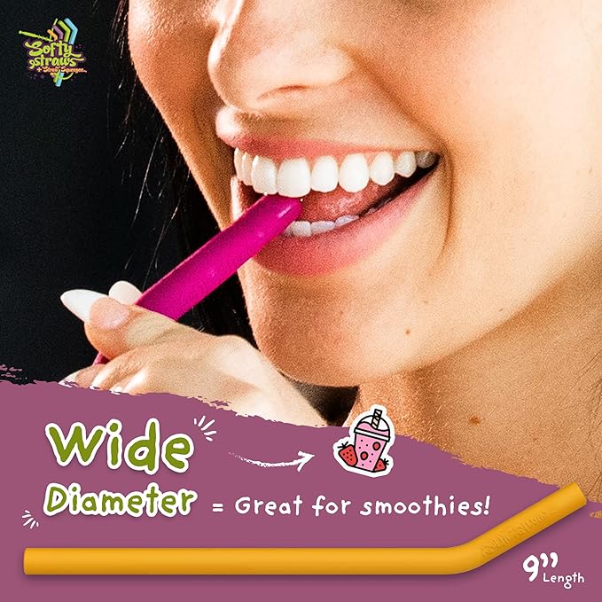 Wide Premium Reusable Silicone Drinking Straws + Patented Straw Squeegee - 9” Long With Curved Bend for 20 30 32 oz Tumblers Non Rubber, Flexible, Safe for Kids/Toddlers, Smoothie