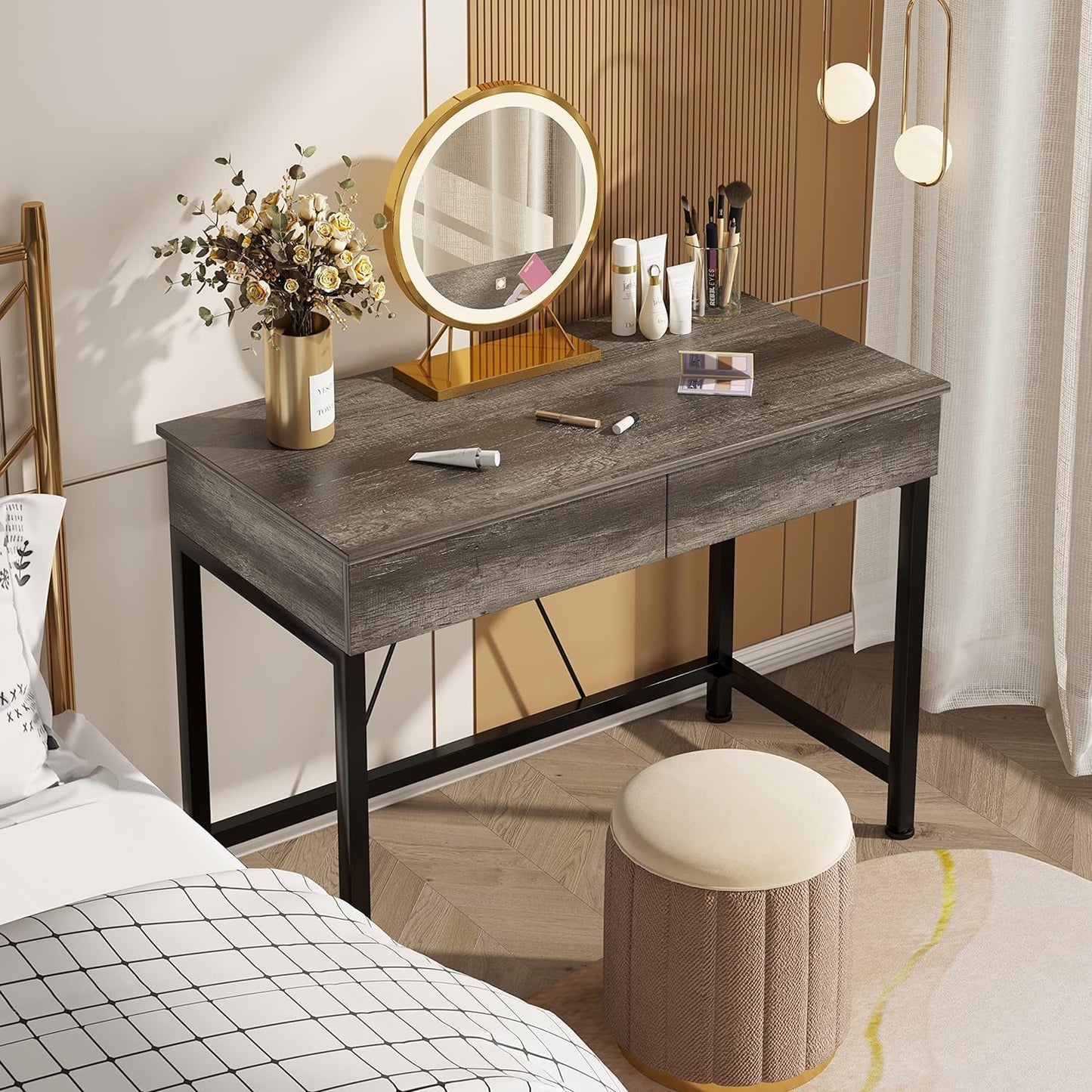 CAIYUN 40Inch Small Desk with 2 Wooden Drawers,Vanity Desks for Home Office with Storage, Simple Computer Desk for Small Space,Desk for Bedroom, Modern Writing Work Kids Study Desk Table, Grey Oak