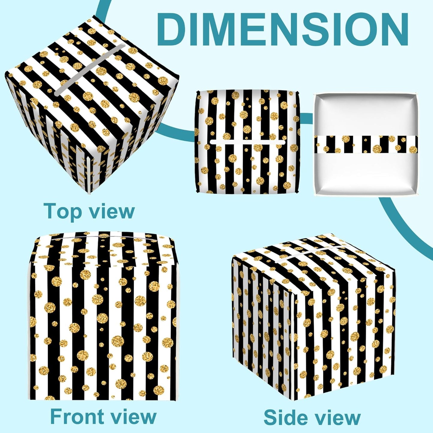 Gold Polka Dot Leather Tissue Holder,Black and White Stripes Square Tissue Box Cover,Modern Decorative Facial Tissue Cube Paper Cover for Car Bedroom Nightstand Vanity Desk Office,5.2" x 5.2" x 5.2"