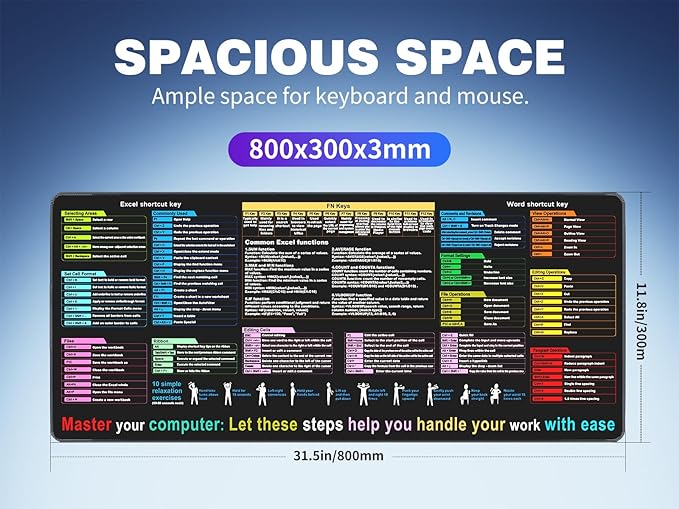 Excel Cheat Sheet Desk pad—Contains 12 Types of Common Skills in Excel and Word|Large XL Size（31.5 * 11.8 inch）|Desk mat for Keyboard and Mouse|Work、Study、Gaming Mouse pad|Waterproof、Anti-Slip