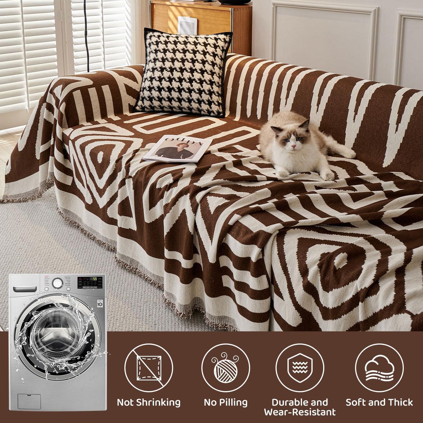 STACYPIK Boho Sofa Cover for Pet, Chocolate Geometric Couch Cover for Sectional, Washable L Shape Cover, Dog Couch Protector for 3 Cushion Couch, Non Slip Jacquard Sofa Silpcover with Tassles-71X150IN