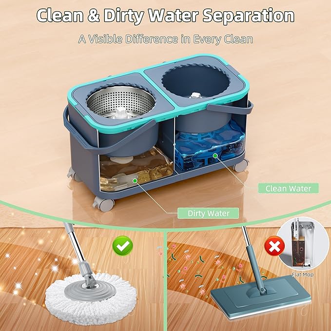 2025 Upgraded Gen 2 Spin Mop and Bucket Set with 4 Swivel Wheels for Easy Rolling, Separates Clean & Dirty Water, Floor Mop with 6 Washable Mop Heads for Wood, Tile, Vinyl, Baseboards - Grey/Blue