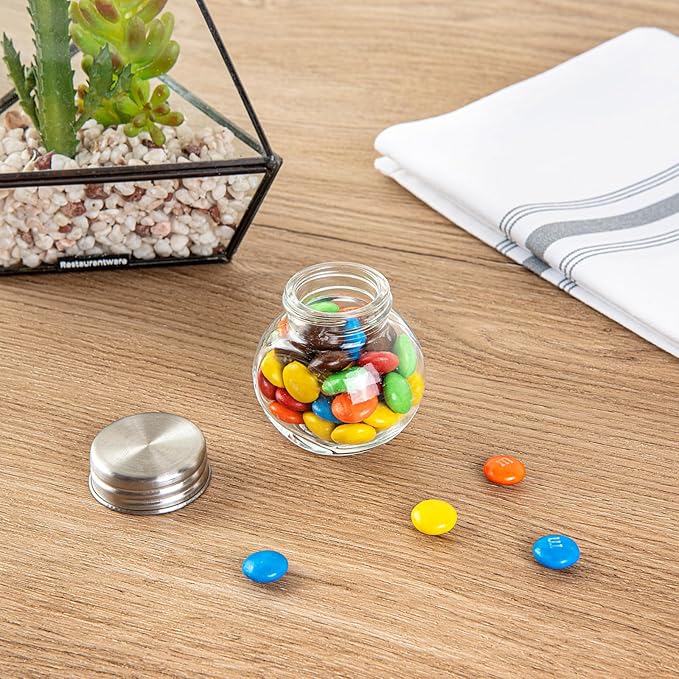 Restaurantware Vetri 2 Ounce Mini Favor Jars, 10 Durable Candy Jars - With Wide Spout, Chrome Lid, Clear Glass Candy Jars, Dishwashable