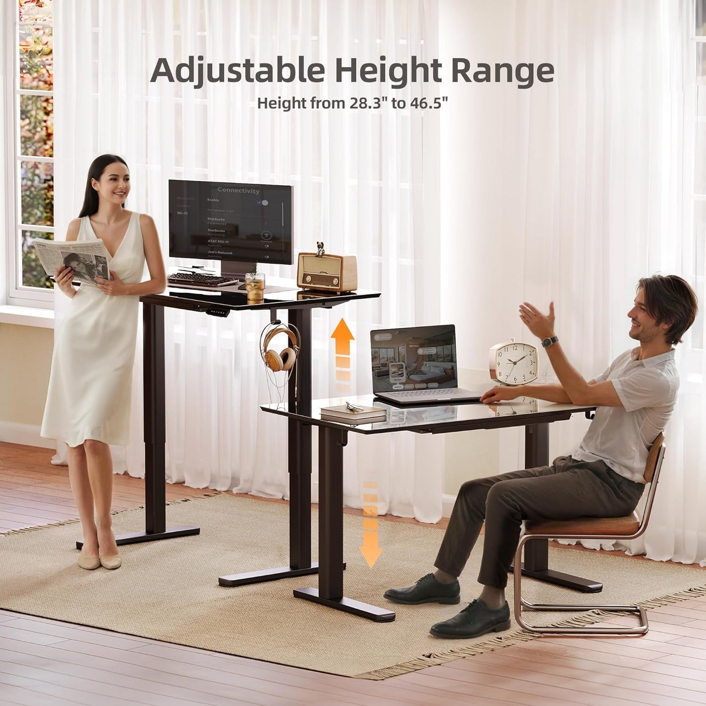 INNOVAR Glass Standing Desk with Drawers, 48×24 Inch Adjustable Stand Up Desk, Quick Install Home Office Computer Desk, Black