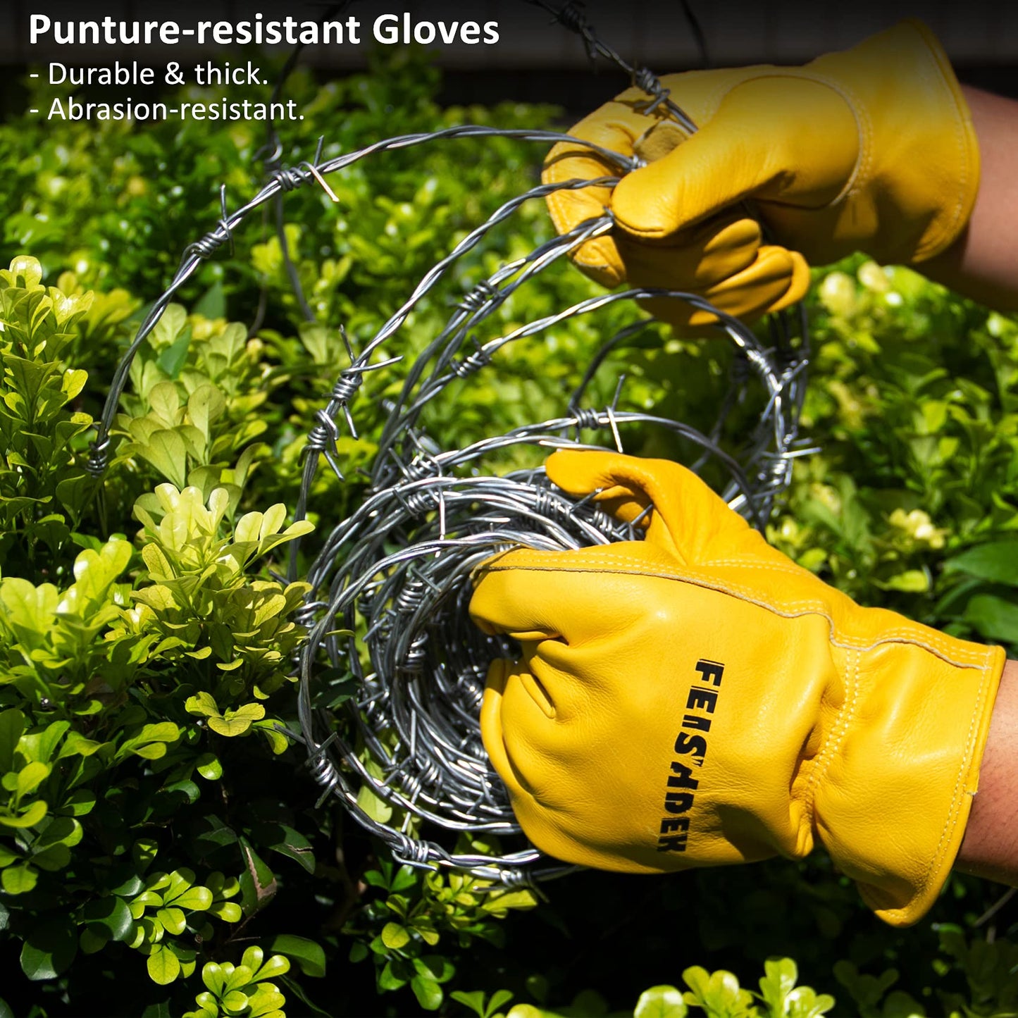 FEISHDEK Yellow Large Cowhide Thorn Proof Gardening Gloves for Men Safety Working Gloves with Durable Grip Reinforced Palm Patch
