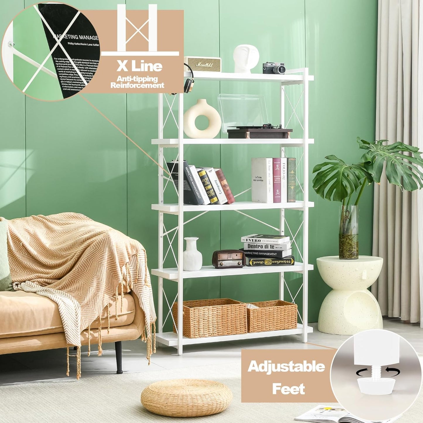 HCHQHS Bookshelf, 5-Tier Industrial Bookcase, White Open Book Shelf, Freestanding Tall Bookshelves with Metal Frame