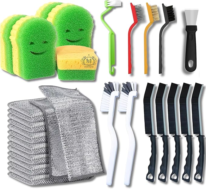MIMI MIMI Cleaning Supplies - 27Pcs Cleaning Tools - 5 Scrub Sponges, 12 Crevice Cleaning Brush, 10 Non Scratch Wire Dishcloth. Smart Kitchen Tools, Bathroom & Kitchen. Home Must Haves.