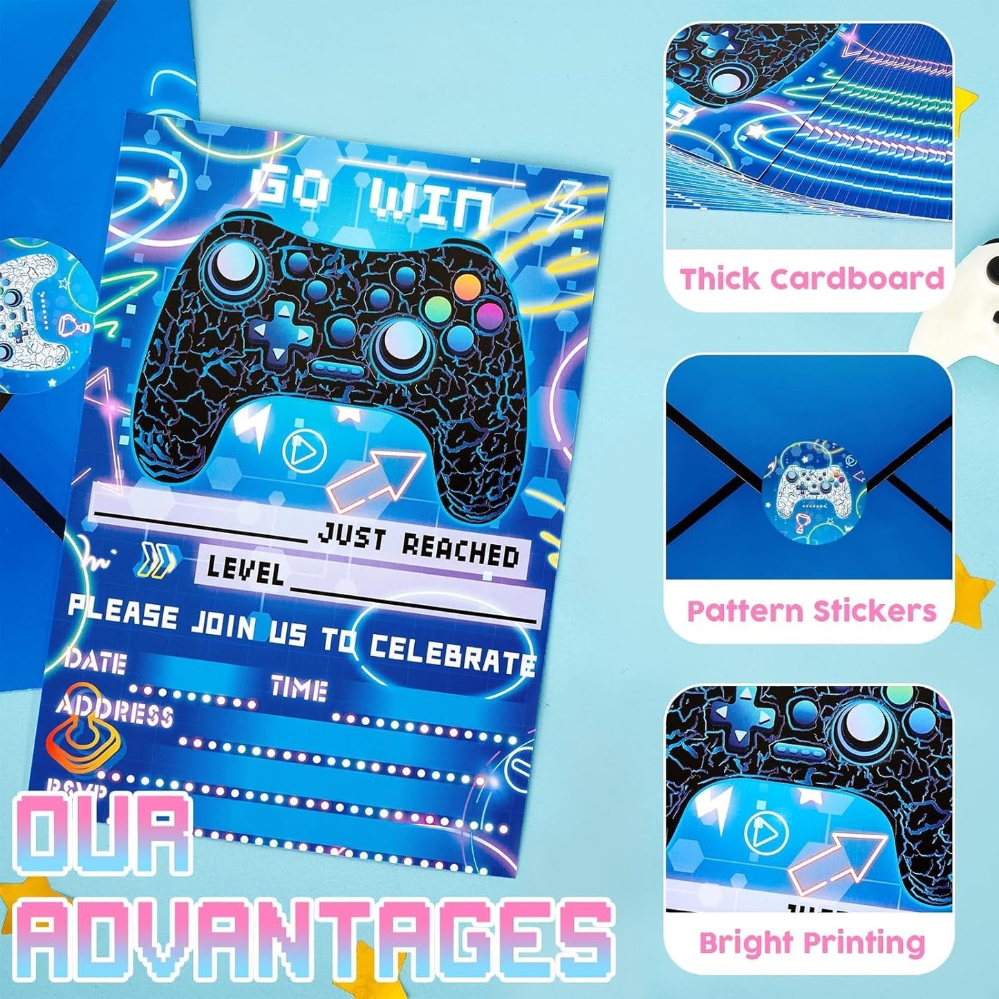 WERNNSAI Video Game Party Invitation - 24 Set Fill-in Blue Gaming Birthday Invitation Cards with Envelopes Sticker for Boys Kids Double-Sided Printed Game On Invitations for Celebration Party Supplies