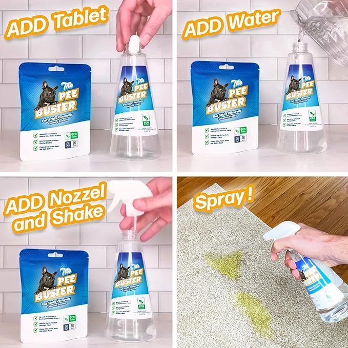 The Pee Buster Pet Stain Remover - Cleaning Spray for Dog and Cat Urine with 5 Cleaning Tablets
