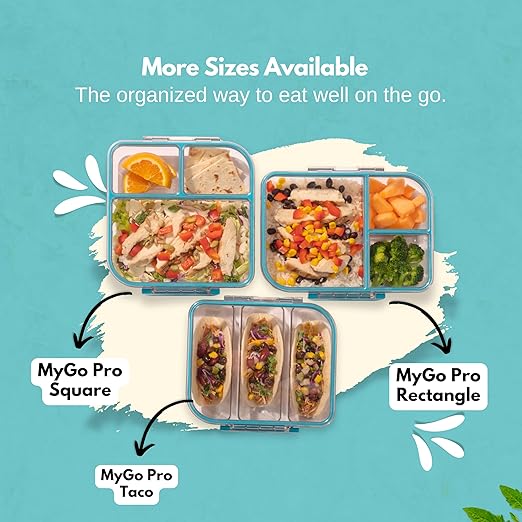 MyGo Pro Square Container, 3-Compartment Clear Heavy Duty Plastic Food Storage Container, Portable Sleek Design, Spill-Resistant with Removable Gasket, 7.25" L X 7.25" W X 2" H