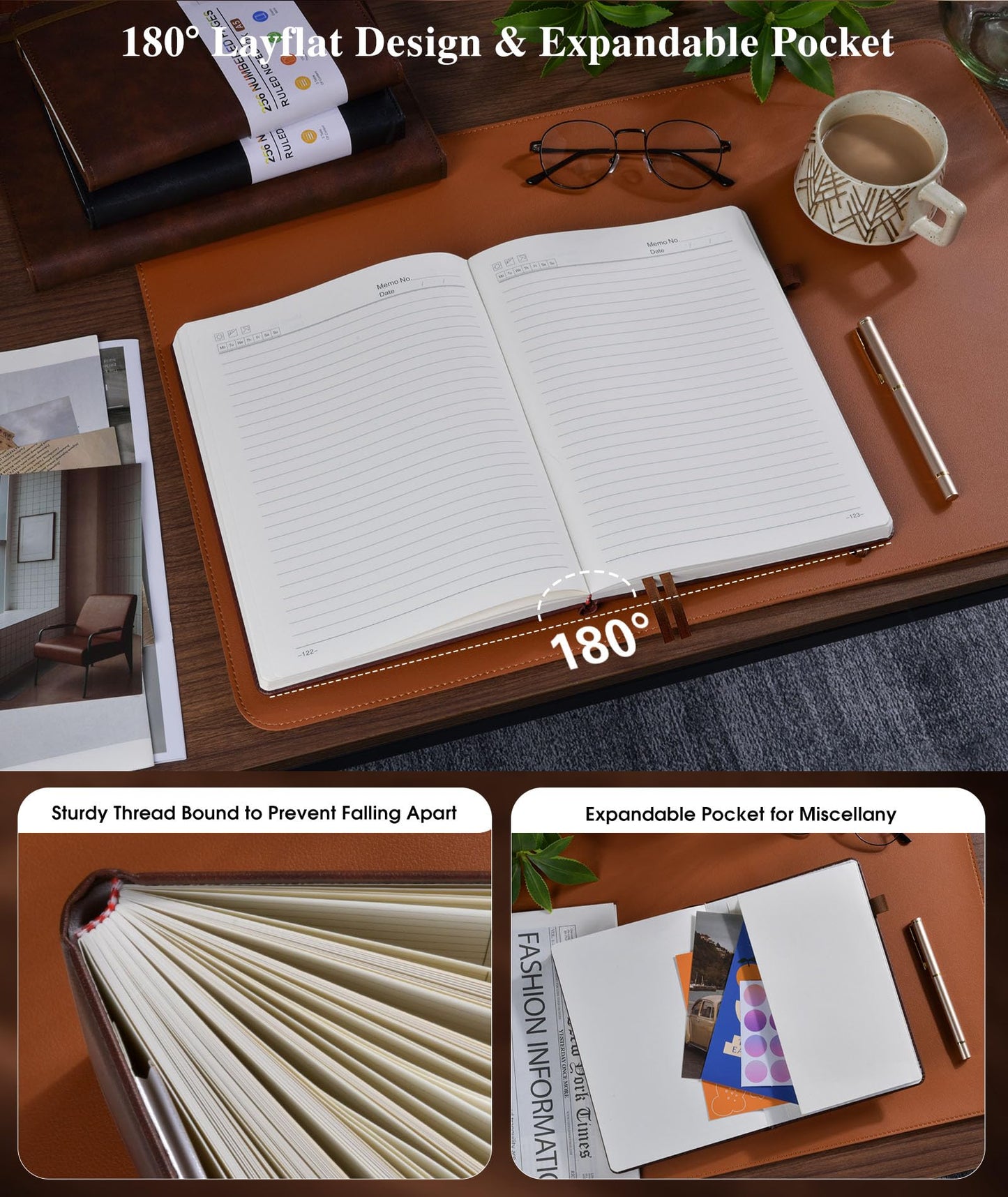 Lined Leather Journal Notebook for Men Women, Hardcover Journals with 256 Numbered Pages, A5 Journaling Notebooks for Writing, 100GSM Thick Ruled Paper for Business Work School 5.75"×8.38", Brown