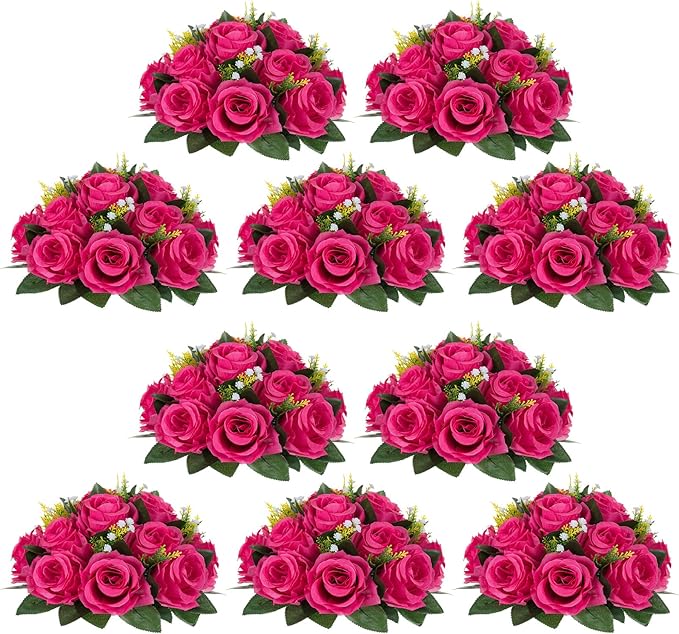 NUPTIO Flower Ball for Table Centerpieces: 10 Pcs Hot Pink Artificial Rose Kissing Balls for Wedding Party Valentine Tables - Faux Silk Floral Arrangements for Home Dining Event Decorations
